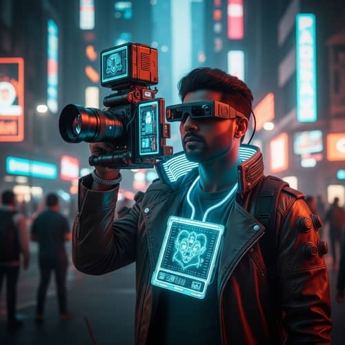 Cyberpunk Street Photographer in Futuristic City