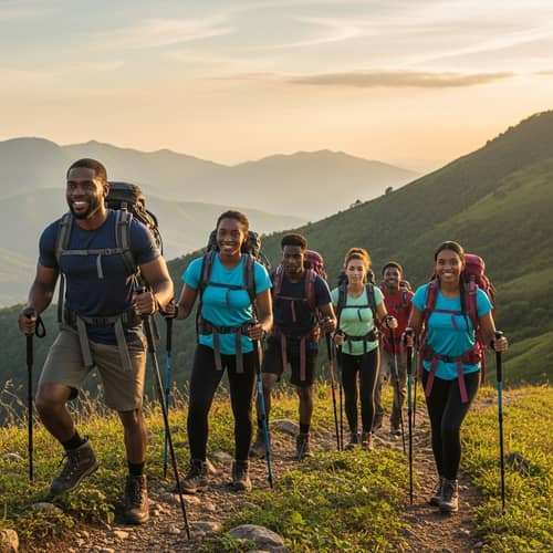 Diverse Afro-Caribbean Hiking Team Conquering Mountain Trail