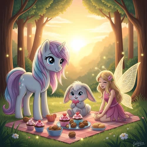 Enchanting Forest Scene with Pony, Bunny, and Fairy