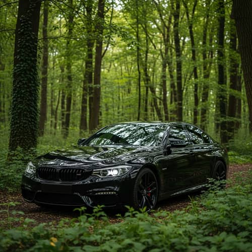 Luxurious Black Car in Vibrant Forest - Nature's Beauty