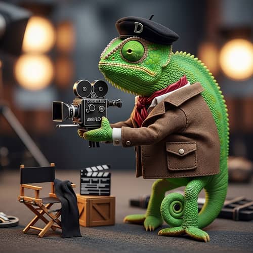 Film Director Chameleon with Movie Camera in Brown Jacket