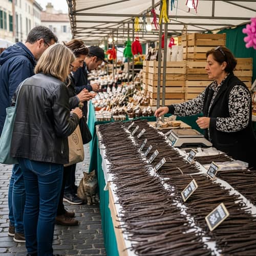 Lively Open-Air Market: Premium Vanilla Pods & Diverse Shoppers