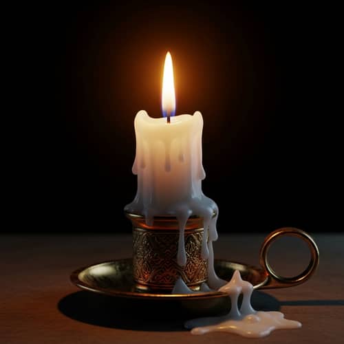 Detailed Lit Candle in Gold Holder | Brightly Burning Flame