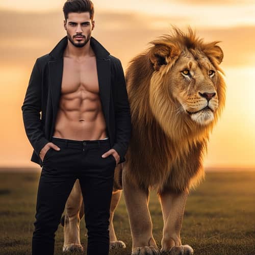 Middle-Eastern Model and Asiatic Lion on Grassland | Sunset Scene