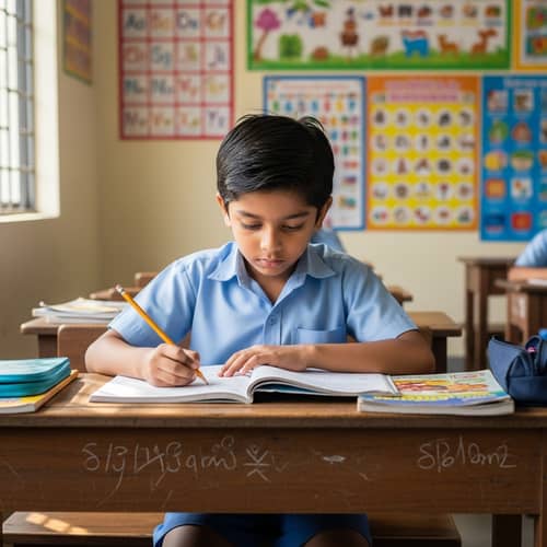 Primary School Boy Studying in Colorful Classroom