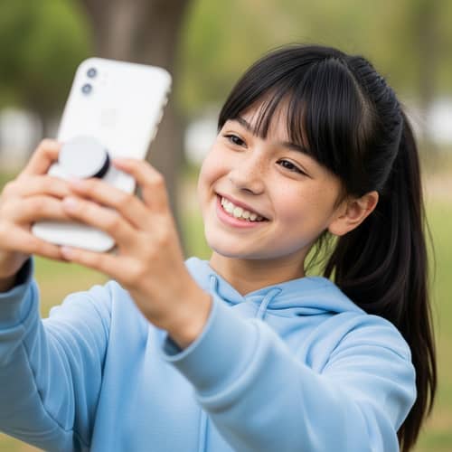 Grade 7 Girl with Black Hair Taking a Photo