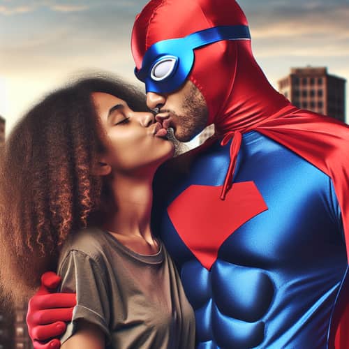 Superhero Kisses Girl with Curly Hair in City Scene