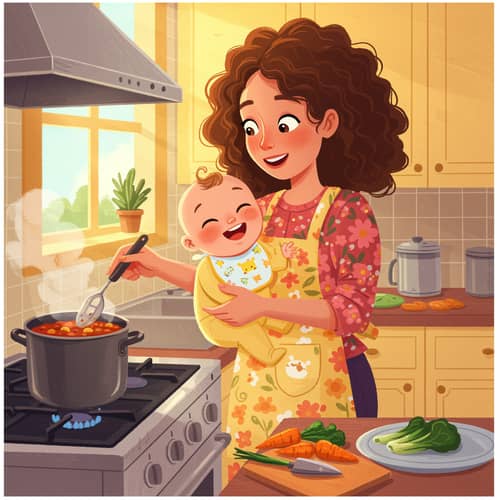 Mom Cooking with Baby on Lap - Family Moments