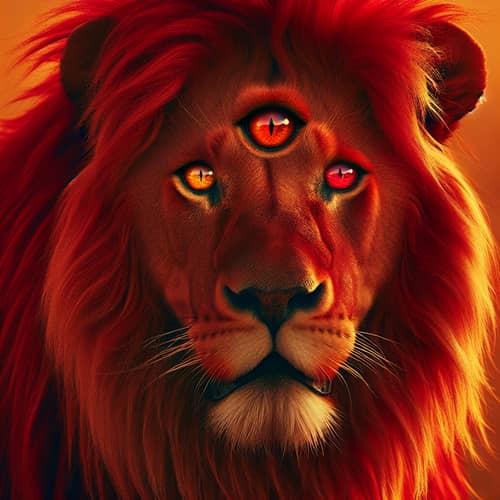 Red Lion with Three Eyes in Vast Savannah