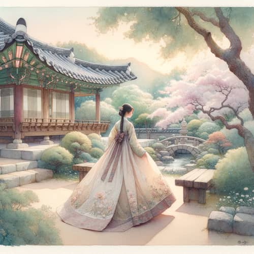 Traditional Korean Hanbok Watercolor Painting with Serene Garden Scene