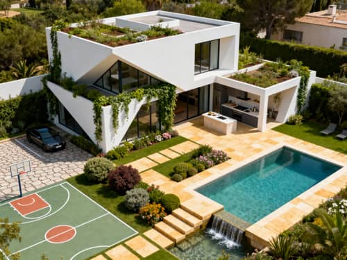 Geometric Two-Storey House Plan with Garden & Pool