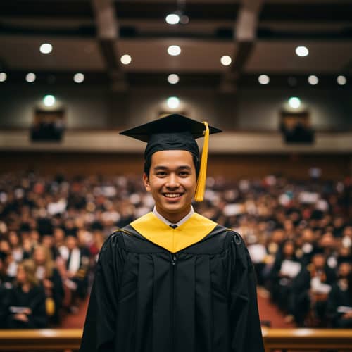 Graduation Picture in Black Toga and Yellow Hood