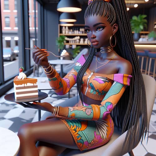 3D Animated Image: Tall Black Girl with Long Braids in High-Fashion Clothes