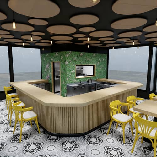 Café Extension Design with L-Shaped Bar