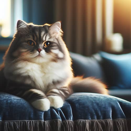 Detailed Image of Domestic Cat on Plush Dark Blue Pillow