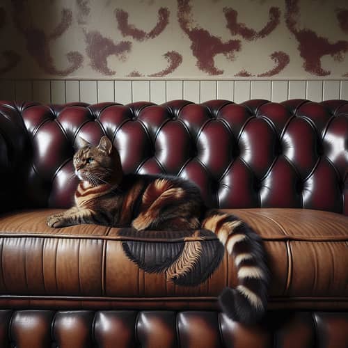 Tabby Cat on Chesterfield Couch with Sophistication and Elegance