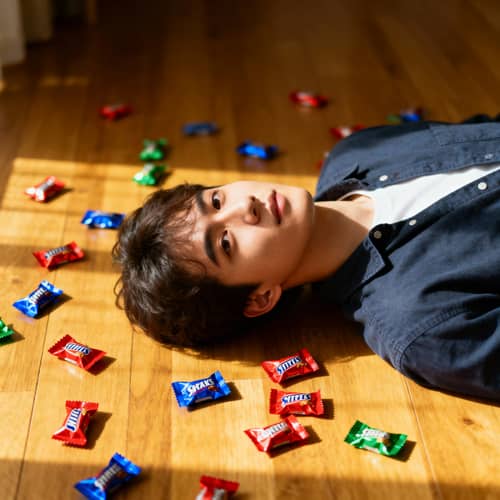 Person Surrounded by Candy Wrappers Person Surrounded by Candy Wrappers