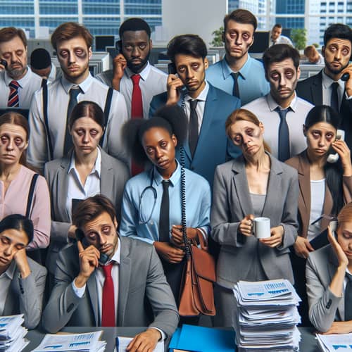 Diverse Bankers Facing Exhaustion in Stressful Office Environment