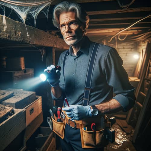 Professional Home Inspector Checking Old House Basement