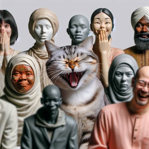 Laughing Domestic Cat Surrounded by Diverse Humans
