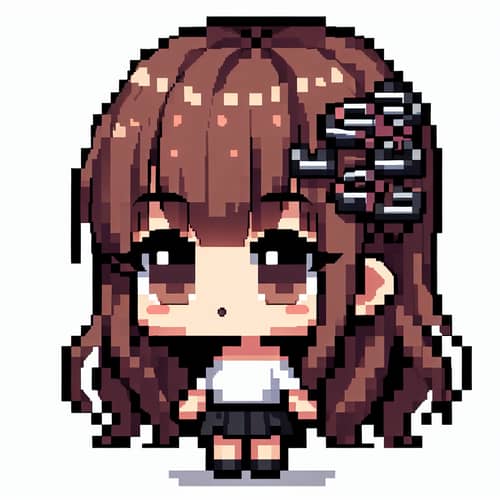 Chibi-Style Pixel Art Girl with Brown Hair & Black Hair Pins