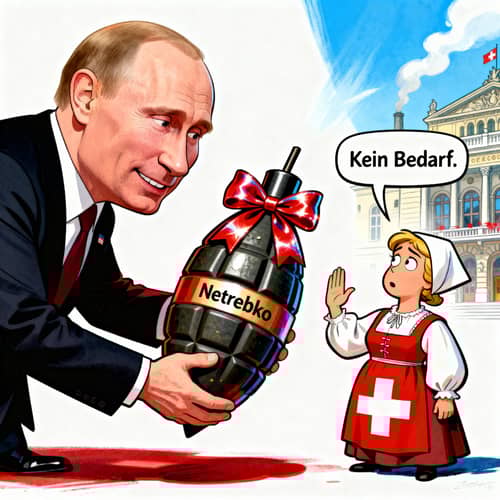 Humorous Putin Caricature with Swiss Model Gift Scene Humorous Putin Caricature with Swiss Model Gift Scene