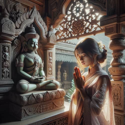 East Asian Girl Praying to Lord Hanuman in Ornate Temple