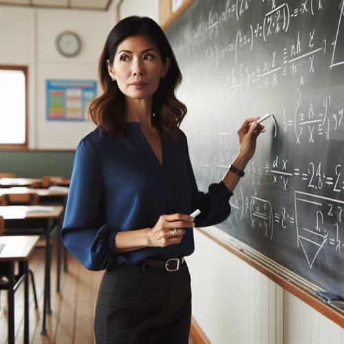 Experienced Female Math Teacher Explains Complex Equations in Classroom