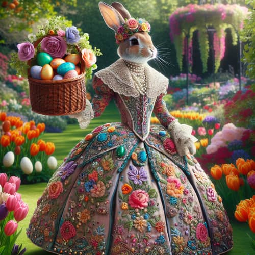 Easter Rabbit in Zuhair Murad Dress with Easter Eggs in Sunny Garden