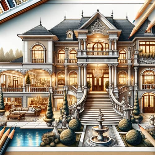Luxurious Mansion with Grand Staircase and Opulent Furnishings