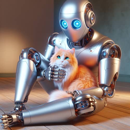 Metallic Robot Holding Orange Cat | Serene Room Setting