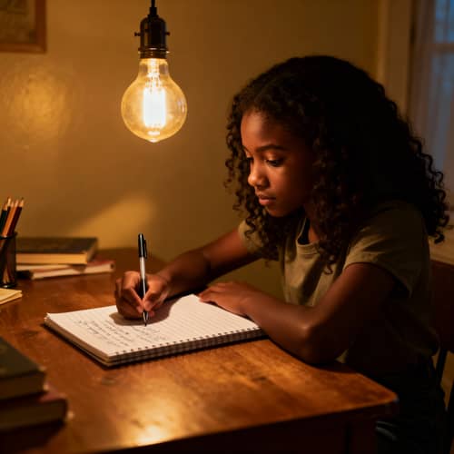 Black Girl Scribbling Notes in Dim Light