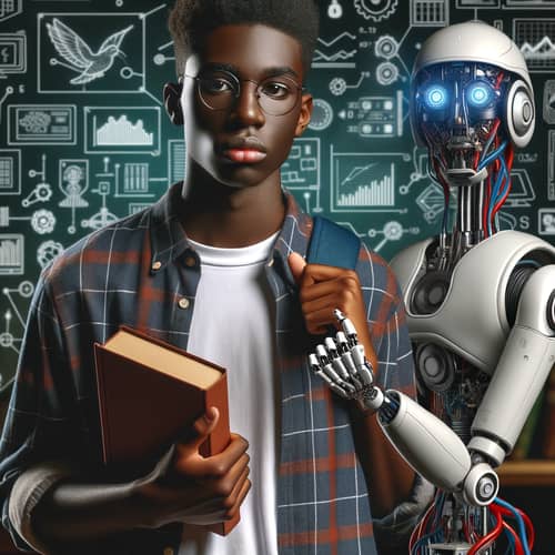 Dark-Skinned Technical Computer Nerd with Robotic Arm Holding Book