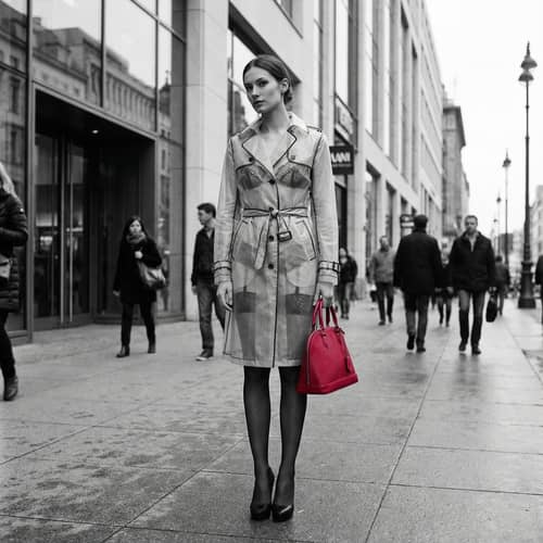 Stylish Woman in Sheer Coat & Red Bag