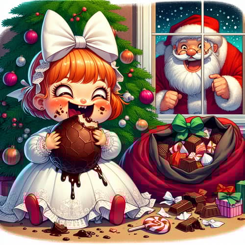 Cartoon Illustration: Girl Eating Enormous Chocolate Candy Under Evergreen Tree