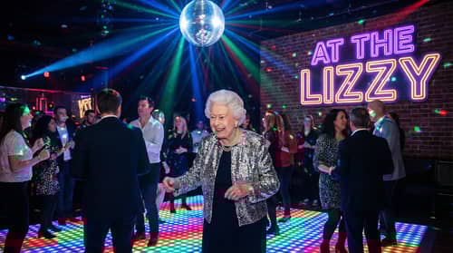 Elderly Queen Elizabeth II Dancing at Disco Nightclub