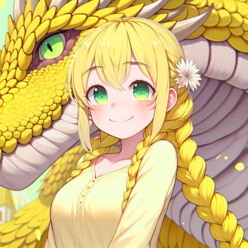 Anime Girl with Bright Yellow Braid & Smiling Yellow Dragon