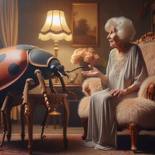 Elderly Lady Chatting with Gentle Giant Insect