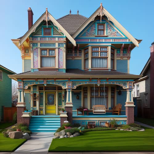 Beautiful Two-Story Pastel Colored House with Manicured Lawn