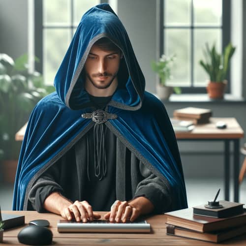 Male Blogger Creating Content in Royal Blue Cloak