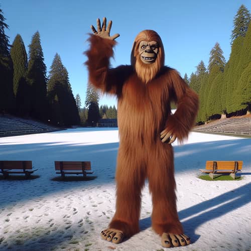 Friendly Sasquatch High School Mascot Cheers in Snowy Landscape