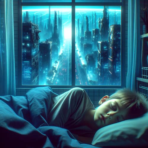 Boy Sleeping in Futuristic Cyberpunk Room