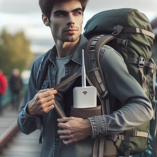 Portable WiFi Router: Young Man with Backpack