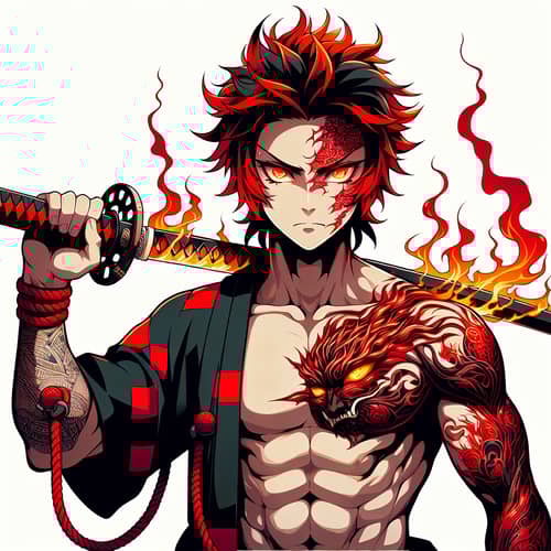Anime Swordsman with Flaming Katana | Vibrant Red Hair