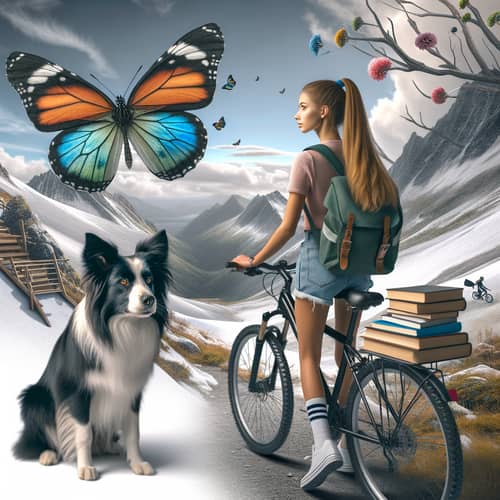 Female Student Cycling on Snow Mountain with Butterfly and Dog