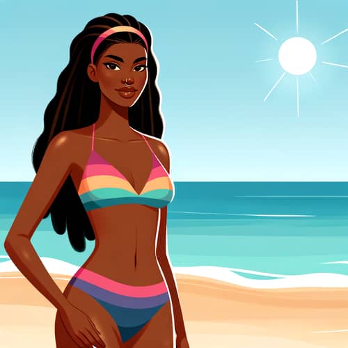 Black Woman in Colorful Bikini on Sandy Beach