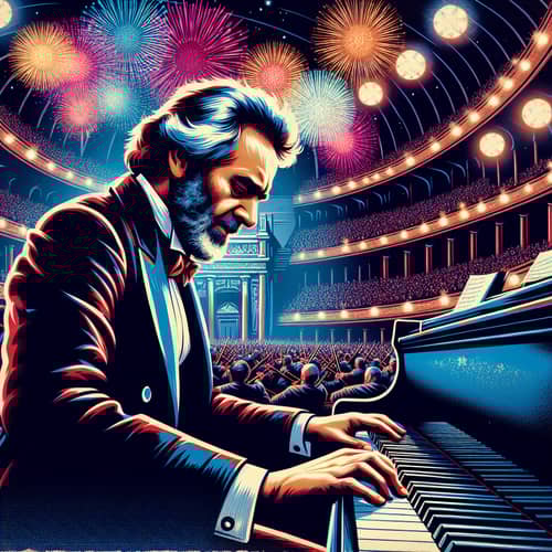 Italian Composer at Piano in Festive Concert Hall | New Year Celebrations