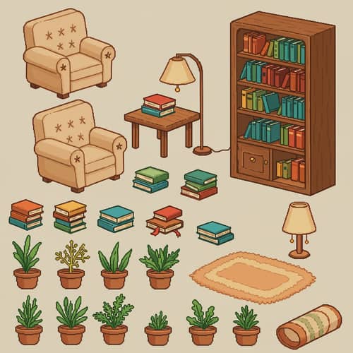 Lo-fi Chill Library Furniture Pixel Art Sprite Sheet