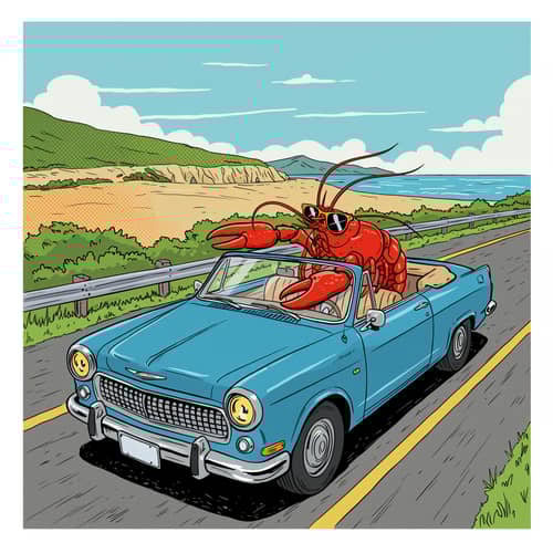 Lobster in Convertible Car Illustration