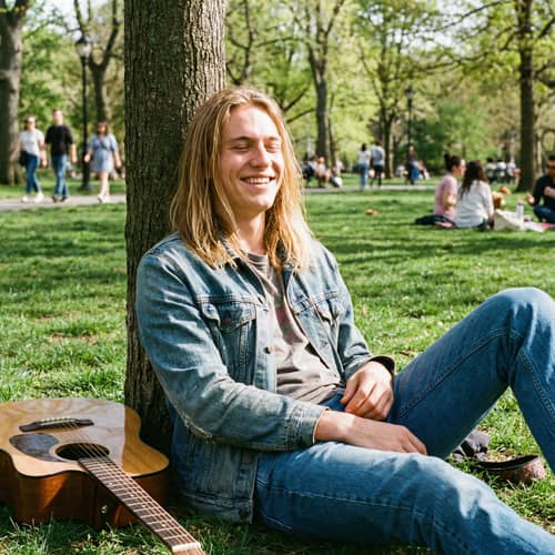 Relaxed 19-Year-Old Man in Denim at the Park Relaxed 19-Year-Old Man in Denim at the Park
